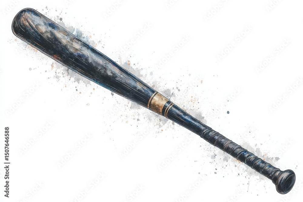 A worn baseball bat with a glossy finish lies on a textured background of splatters. The bats handle is wrapped with a black grip, showing signs of use and age.