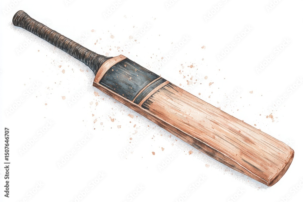 A wooden cricket bat is displayed on a light surface, emphasizing its craftsmanship and design. The bat has a dark handle and a distinct grain, showcasing wear from use.