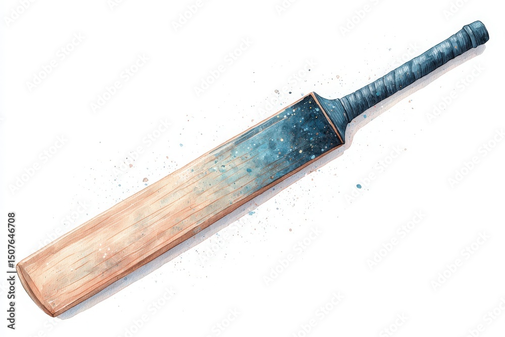 A cricket bat rests on a clean white background, showcasing its smooth wooden surface and detailed grip. Artistic splatters of color enhance the bats aesthetic appeal.