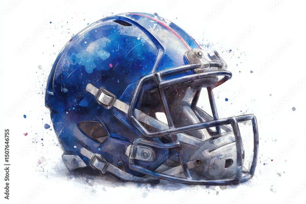 A striking football helmet features a bold blue color with artistic splashes and metallic accents.