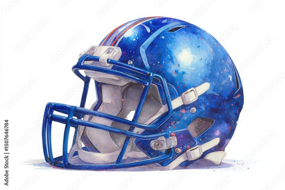 An artistic rendering of a football helmet showcases a vibrant blue color with a galaxy pattern. The design includes stars and cosmic elements, highlighting creativity in sports gear.