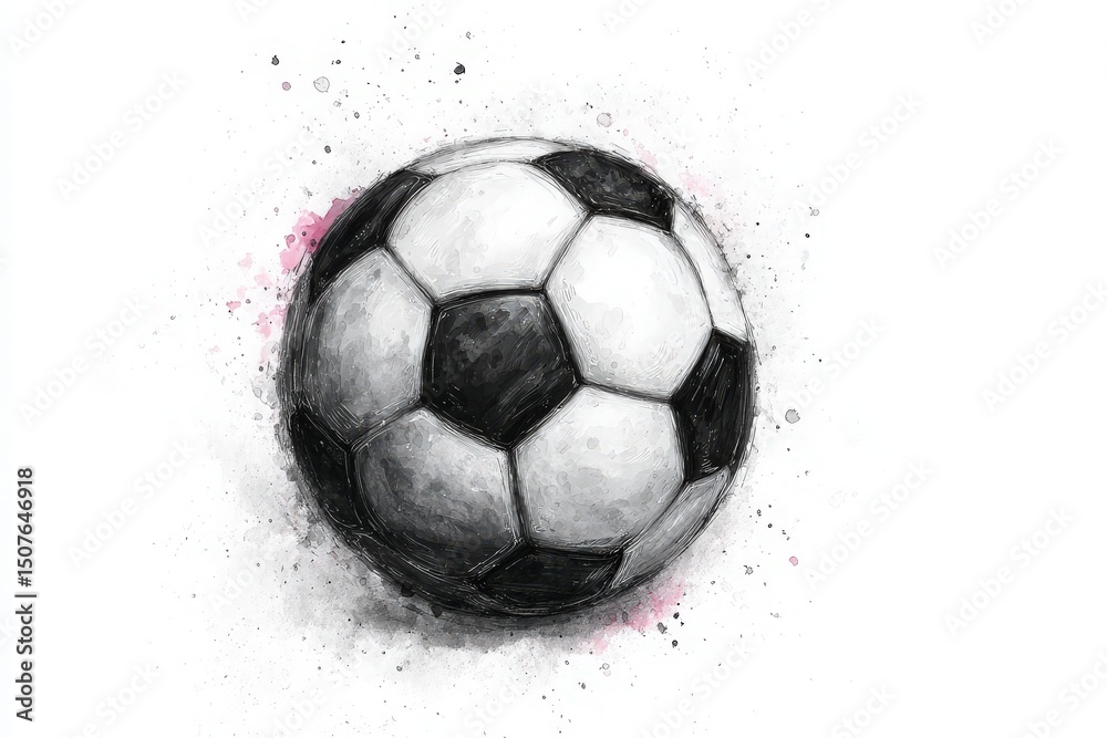 A black and white soccer ball is depicted with a creative design featuring splashes of color, suggesting energy and movement. The artwork captures the essence of the sport and creativity.