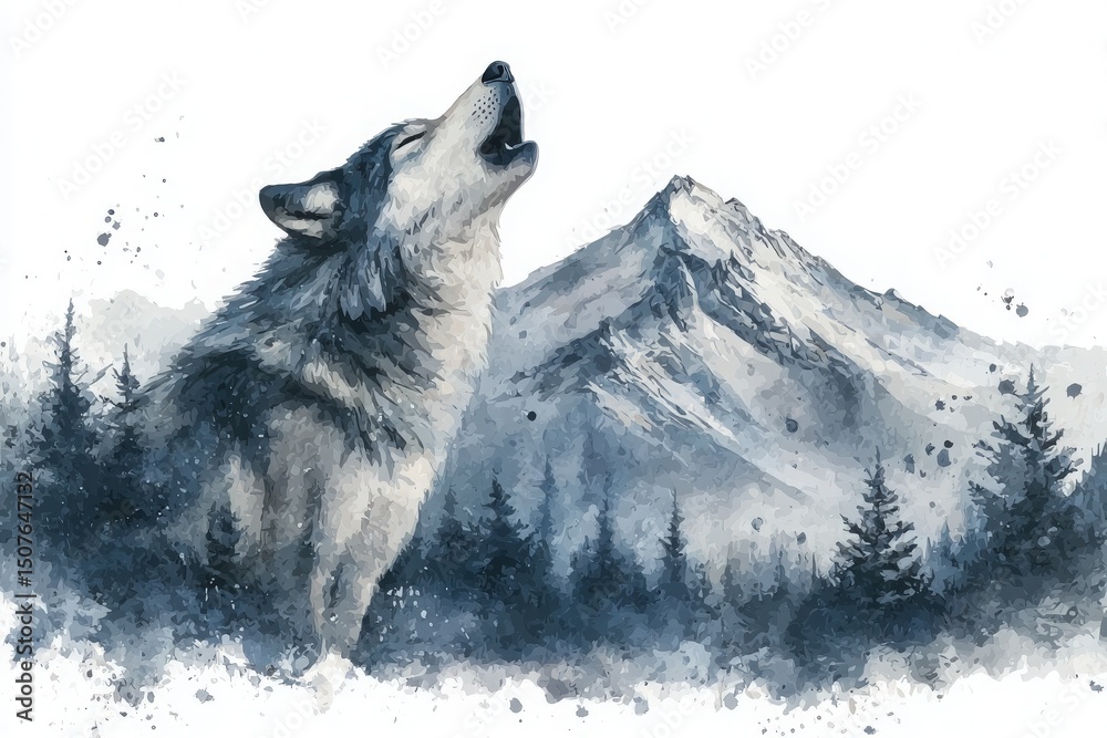 A powerful wolf stands proudly in the foreground, howling towards a distant snow-capped mountain. Tall evergreen trees surround the scene, creating a tranquil yet wild atmosphere.