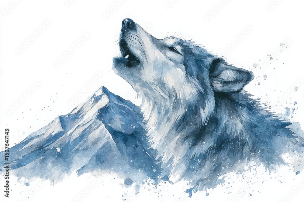 A majestic wolf howls towards the sky, its fur beautifully rendered in shades of blue. In the background, a mountain stands tall, creating a serene wilderness atmosphere.