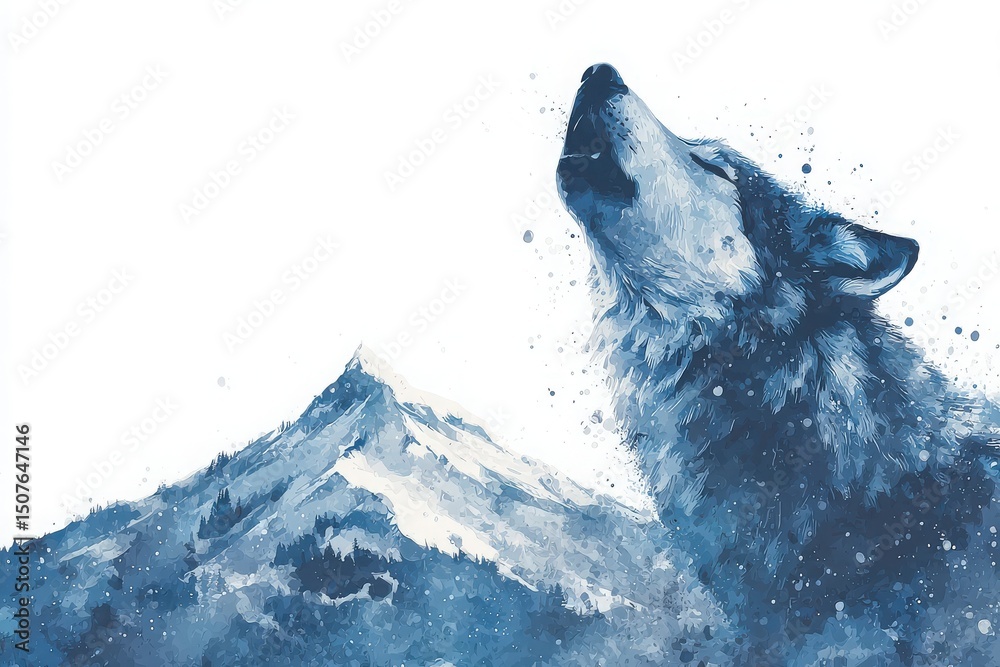 A powerful wolf howls toward the sky, surrounded by a tranquil snowy mountain landscape. The artwork captures the essence of nature and wilderness through vivid shades of blue.