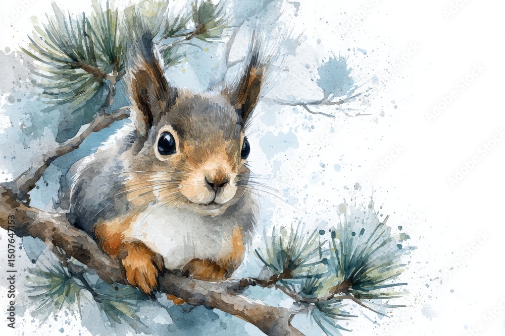 A cute squirrel rests on a tree branch, showcasing its fluffy fur and bright eyes. The soft watercolor background enhances the serene natural environment, creating a peaceful atmosphere.