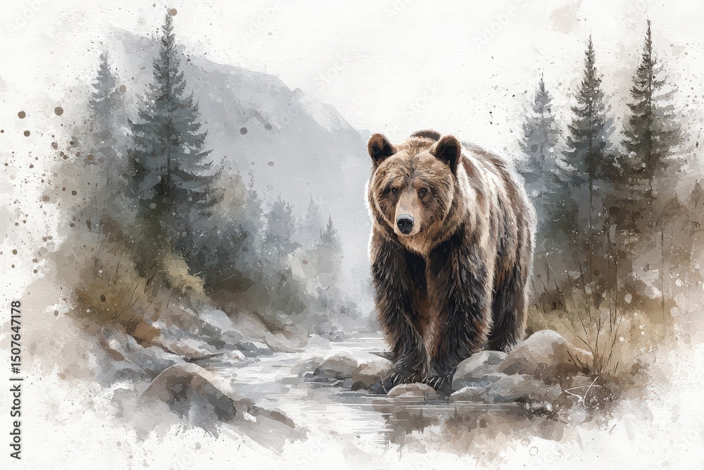 A grizzly bear stands majestically by a flowing river, framed by tall pine trees. The misty atmosphere enhances the serene and wild environment, showcasing the beauty of nature.