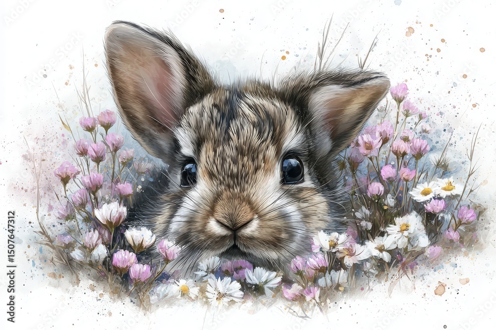A small, adorable rabbit peeks through a bed of pink and white flowers, showcasing its expressive eyes and soft fur. This peaceful moment captures the beauty of nature and wildlife interaction.