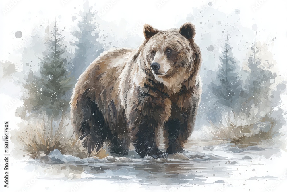 A majestic grizzly bear stands in a snow-covered forest, surrounded by frosted trees. Soft snowflakes fall gently, creating a serene winter atmosphere. The bears fur appears thick and warm.