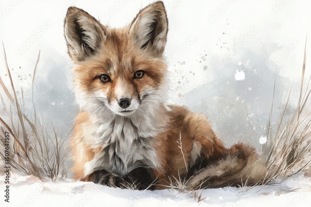 A red fox lies comfortably in a snowy grassland, surrounded by tall grass.