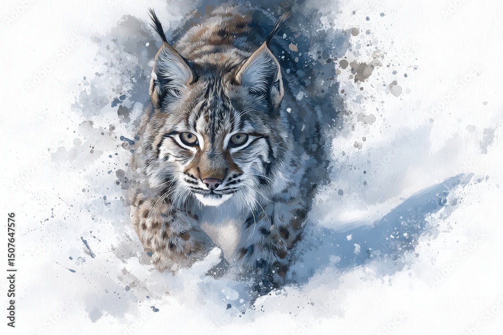 A lynx is seen moving gracefully over a snowy ground, showcasing its distinctive features. Its piercing eyes and soft fur contrast beautifully against the white background, creating a striking visual.