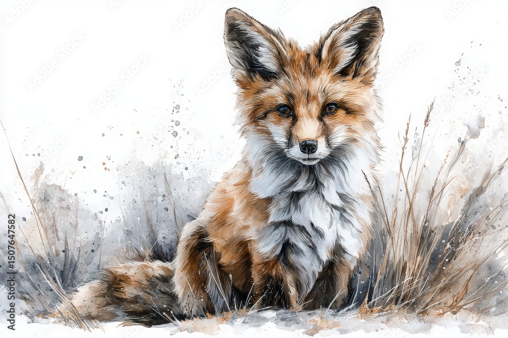 A striking fox sits calmly among soft, tall grass, displaying a mix of orange and white fur. The background features gentle splashes of color, enhancing the tranquil atmosphere.