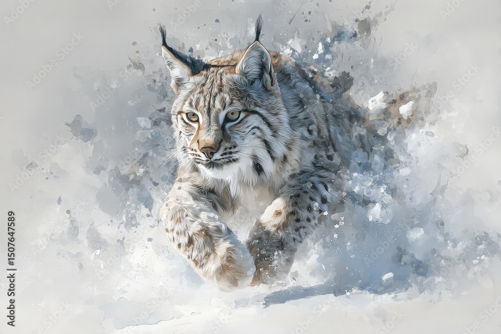 A lynx springs gracefully through a snowy landscape, showcasing its powerful movement. The fur glistens in the soft winter light as snow scatters around, creating a magical atmosphere.