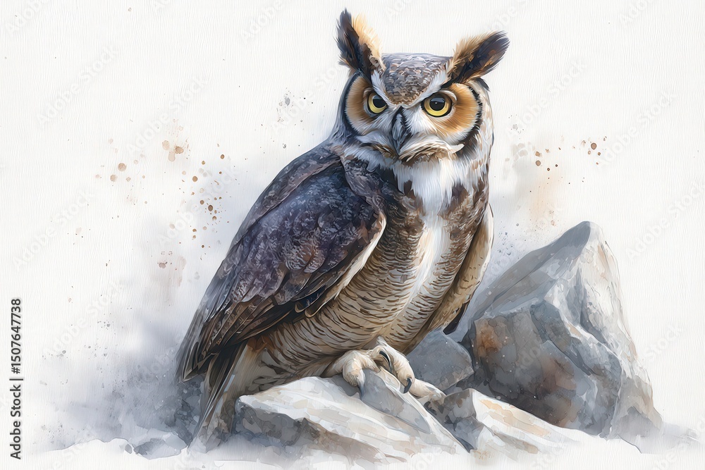 A striking owl stands confidently on rugged rocks, showcasing its detailed plumage and expressive eyes.