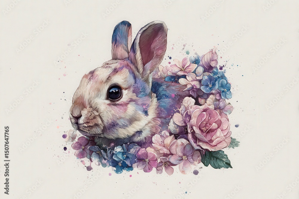 A creatively illustrated rabbit features vibrant pastel colors and floral elements. The rabbit is partially framed by delicate pink and blue blooms, creating a whimsical, artistic effect.