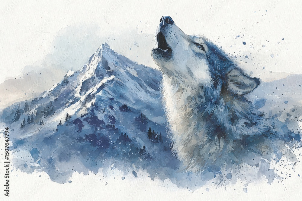 A powerful wolf is howling towards the sky, surrounded by a stunning snowy mountain landscape. The scene captures the wild spirit of nature during early morning light, with soft blue tones.
