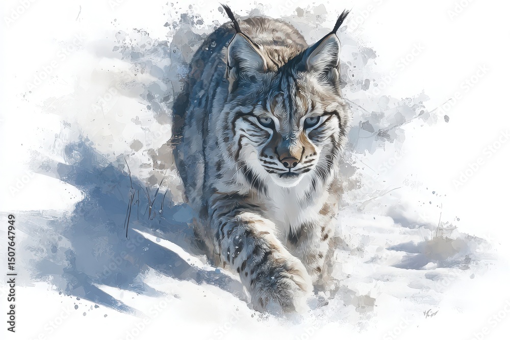 A lynx is caught in mid-stride as it traverses a snowy terrain in a serene winter forest. The animals distinctive features are highlighted against the white snow, showcasing its beauty.