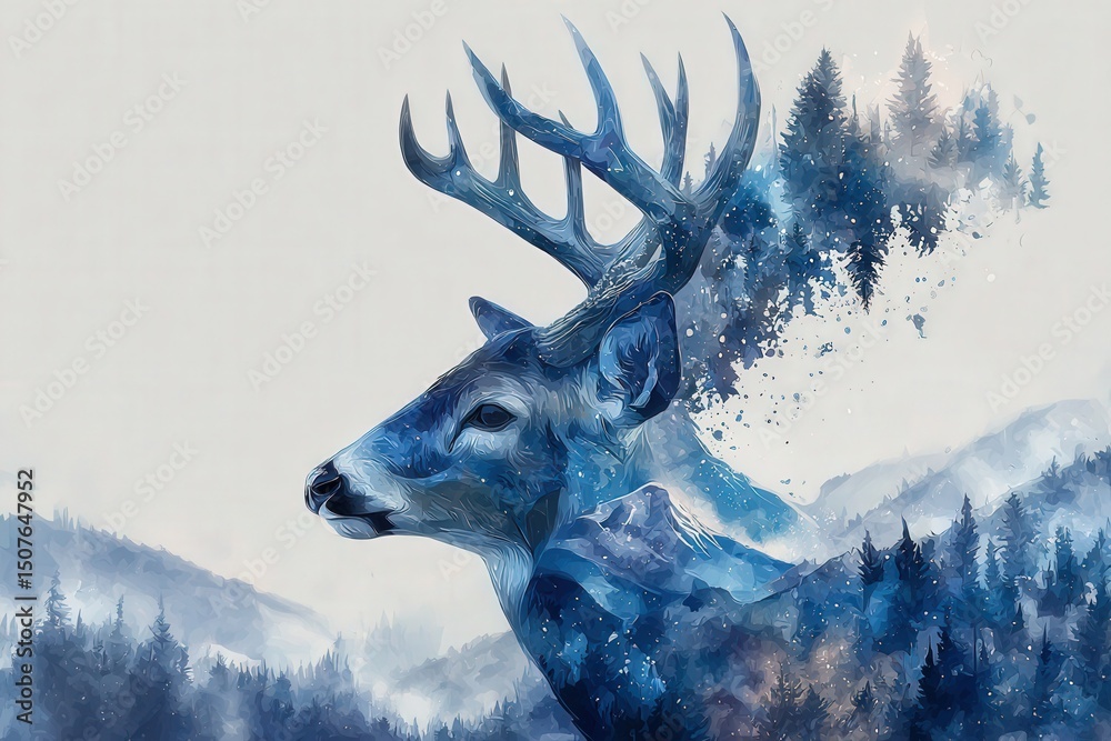 A majestic deer is illustrated with intricate details, its form merging beautifully with a tranquil mountain backdrop and misty forests, showcasing the harmony of wildlife and nature.