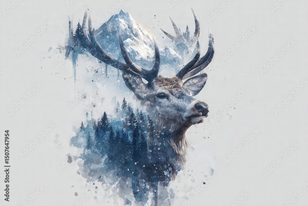 A detailed illustration shows a deer prominently displaying its antlers, merging with a snowy mountain and a forest backdrop. The artwork captures the essence of wilderness and nature.