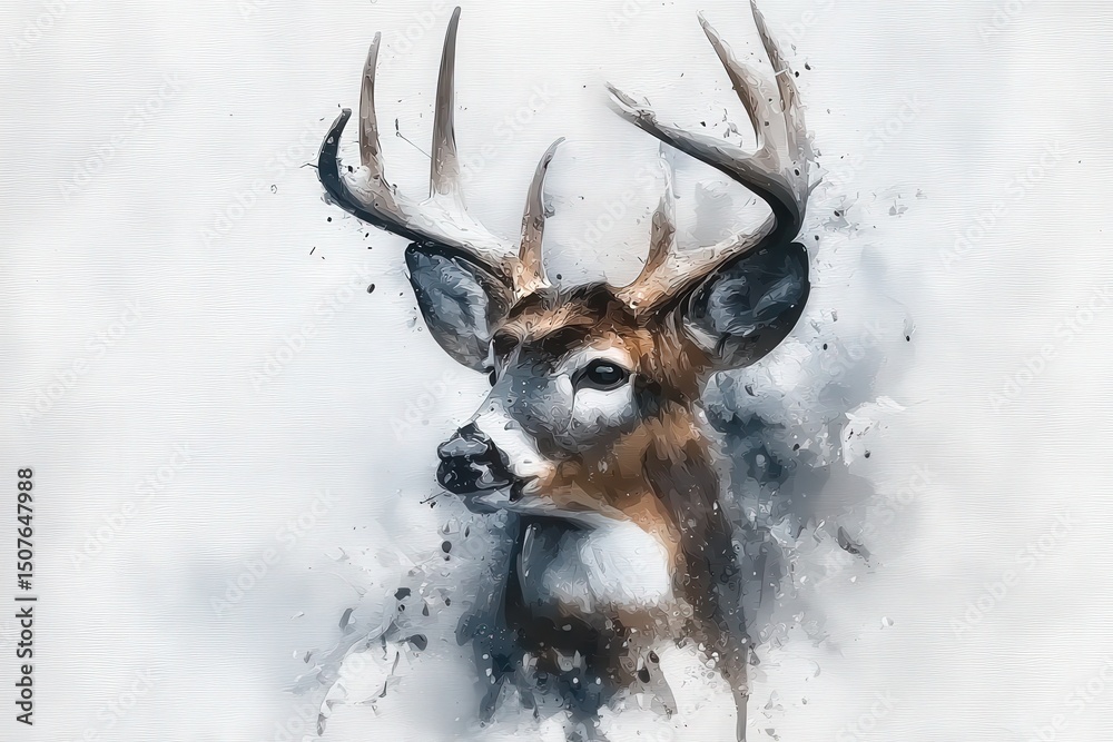 A magnificent stag with large, impressive antlers is depicted against a soft, abstract background.