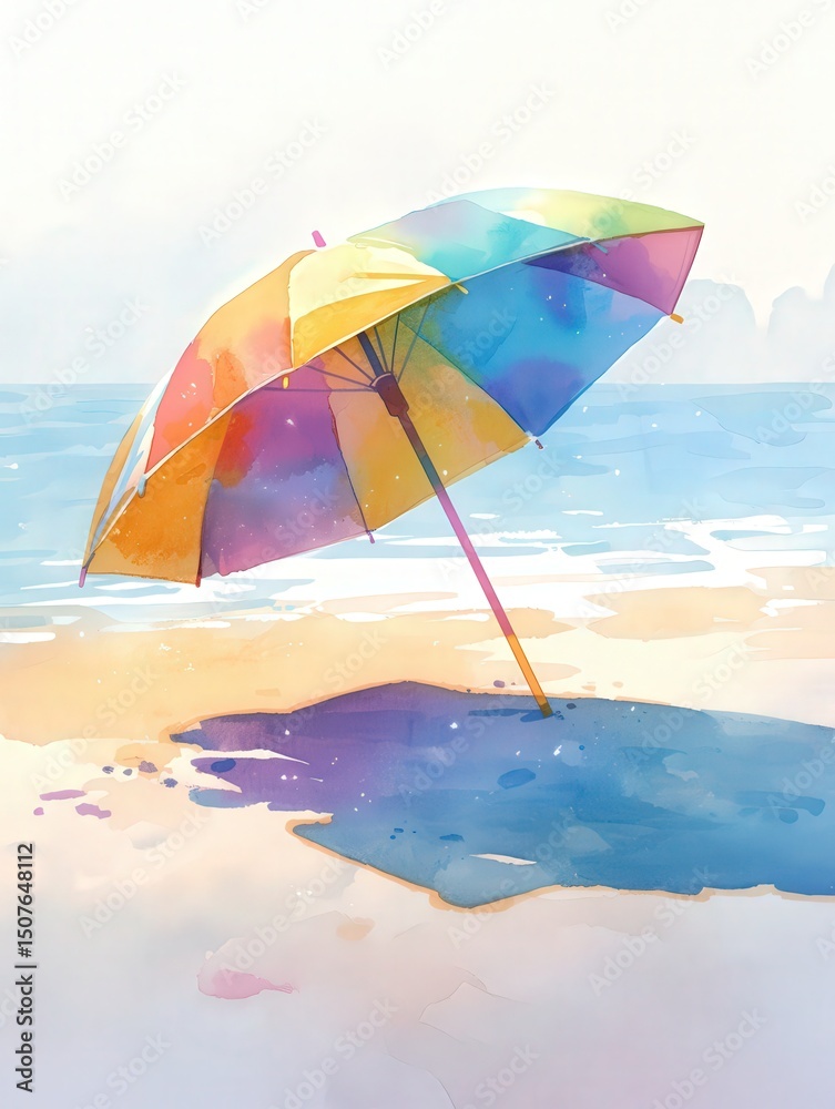 A vibrant, multi-colored umbrella stands on a sunlit beach, casting a playful shadow on the golden sand. The calm ocean waves gently lap at the shore, creating a serene atmosphere.