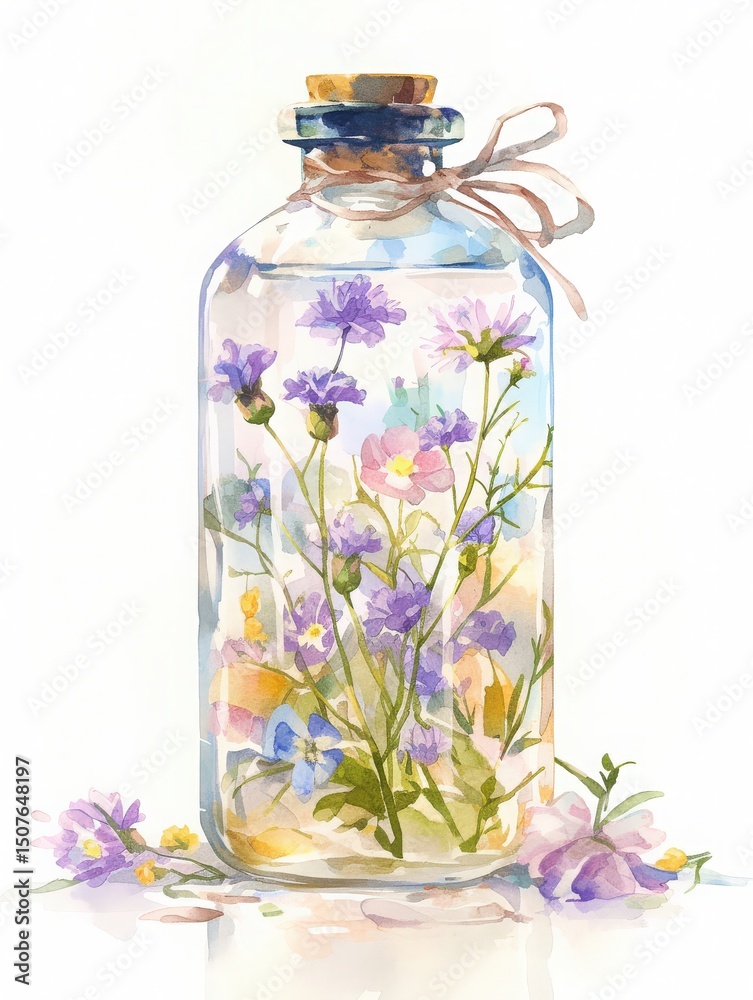 A clear glass jar showcases an arrangement of vibrant wildflowers. Delicate blooms in shades of purple and pink rest inside, accented by a tied ribbon. The soft light enhances the colors.