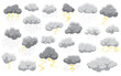 © Annetuas - Set of cartoon style storm gray clouds featuring rain and yellow lightning in flat vector style. Cloud icons perfect for use in weather apps, eco educational materials or childrens illustrations