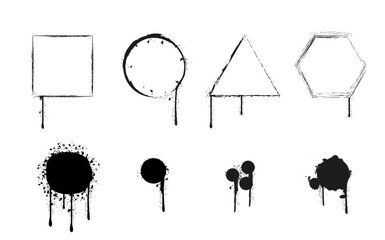 Poster - Creative black paint splatters and geometric shapes on a white background showcasing artistic expression and design possibilities.
