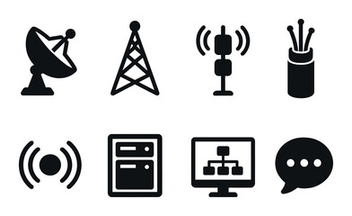 Telecom and network silhouette icons set – communication, connectivity, and data symbols