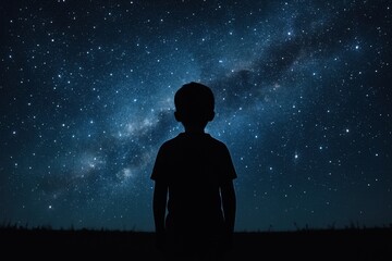 Wall Mural - rear view silhouette of a young boy gazing up at a dazzling starry night sky filled with twinkling s