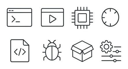 Software execution line icons set – outline, application and coding symbols