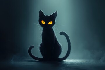 Poster - Mysterious black cat with glowing eyes sitting in a dimly lit space, exuding an aura of enchantment and intrigue during a quiet night
