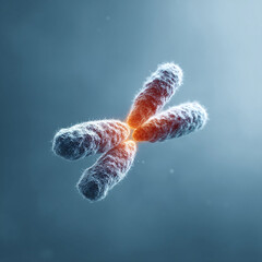 Poster - Detailed 3D render of a chromosome. Symbolizes genetics, science, and cellular biology. Ideal for medical, research, or educational visuals. Blue  Orange.