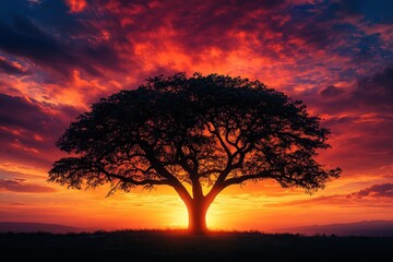 Poster - Majestic tree silhouetted against a vibrant sunset in a serene landscape expressing the beauty of nature and tranquility during golden hour