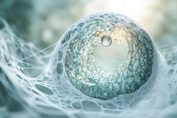 Wall Mural - Abstract illustration of a shimmering orb enveloped in a delicate, web-like structure with a suspended droplet, evoking cellular or microscopic imagery.