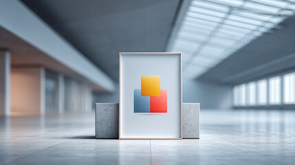 Poster - Modern artwork in a bright hall. Framed print of colorful geometric shapes, symbolizing creativity and design. Ideal for creative business or tech.
