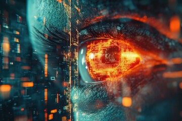 Aufkleber - Close-up view of a human eye with glowing digital effects, showcasing the fusion of technology and humanity in a futuristic setting