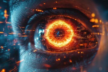 Aufkleber - Close-up view of a human eye with glowing digital effects, showcasing the fusion of technology and humanity in a futuristic setting