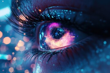 Aufkleber - Vivid close-up of an eye displaying digital patterns and colorful lights in a futuristic setting during nighttime