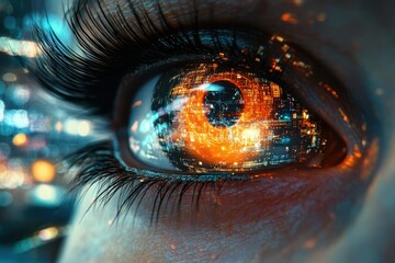 Aufkleber - Vivid close-up of an eye displaying digital patterns and colorful lights in a futuristic setting during nighttime