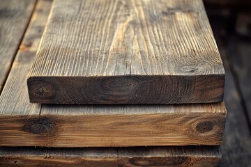 Poster - Stacks of weathered wooden planks resting on a surface in a workshop during the afternoon light showcasing natural textures and rich colors of various woods