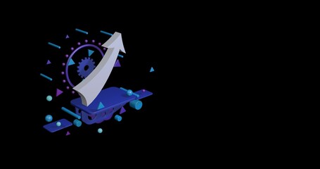 Poster - White up arrow on a pedestal of abstract geometric shapes floating in the air. Abstract concept art with flying shapes on the left. 3d illustration on black background