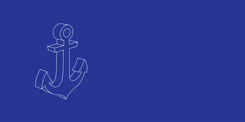 Poster - The outline of a large sea anchor symbol made of white lines on the left. 3D view of the object in perspective. Vector illustration on indigo background