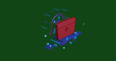 Poster - Red chest symbol on a pedestal of abstract geometric shapes floating in the air. Abstract concept art with flying shapes in the center. 3d illustration on green background