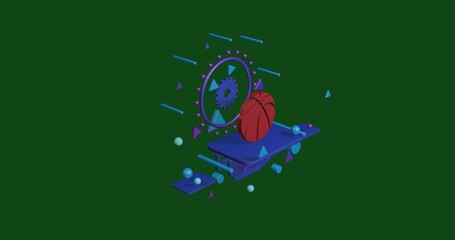 Poster - Red basketball symbol on a pedestal of abstract geometric shapes floating in the air. Abstract concept art with flying shapes in the center. 3d illustration on green background
