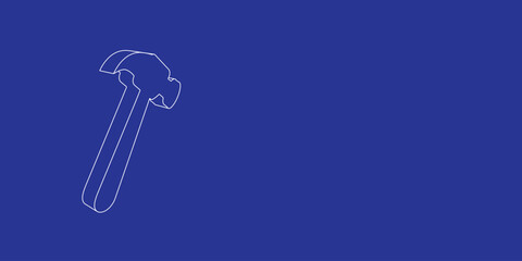 Poster - The outline of a large hammer symbol made of white lines on the left. 3D view of the object in perspective. Vector illustration on indigo background