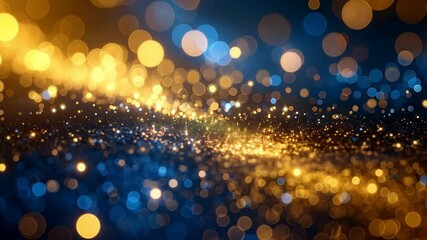Poster - Abstract festive golden and blue lights background with bokeh effect. Glowing particles illuminate the elegant and shimmering surface and create a magical, dreamlike atmosphere.