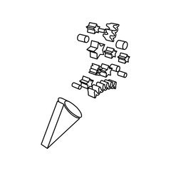 Poster - The outline of a large exploding party popper is made with black lines. 3D view of the object in perspective. Vector illustration on white background