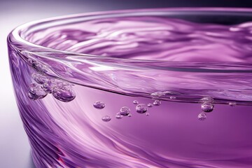 Wall Mural - A translucent glass filled with shimmering purple liquid showcases mesmerizing bubbles and captivating light refraction.