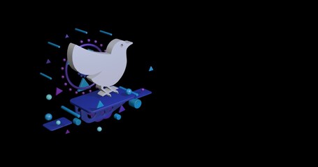 Poster - White bird symbol on a pedestal of abstract geometric shapes floating in the air. Abstract concept art with flying shapes on the left. 3d illustration on black background